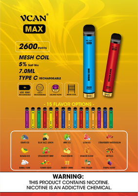 Type C Mesh Coil Disposable Vape Pen rechargeable de 2600 souffles